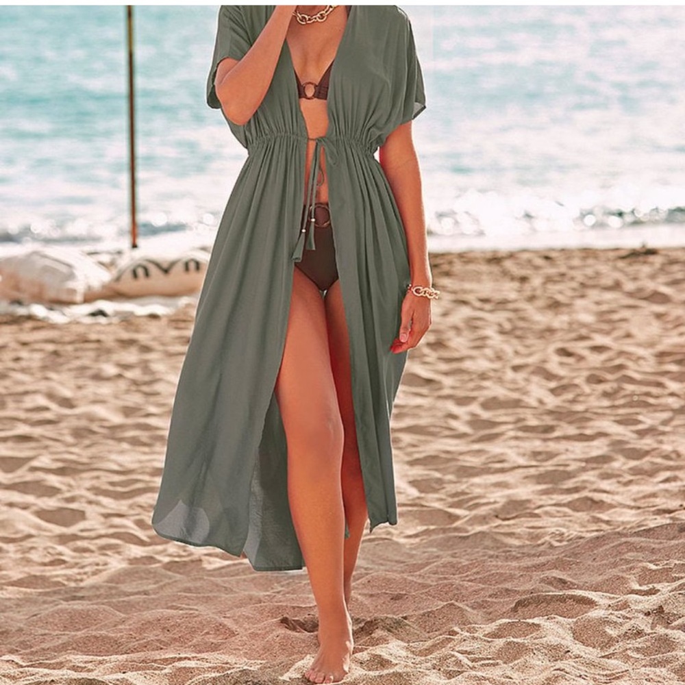 Lascana for VS Short Sleeve Open Front Swim Cover Up Dress NWT Khaki Green